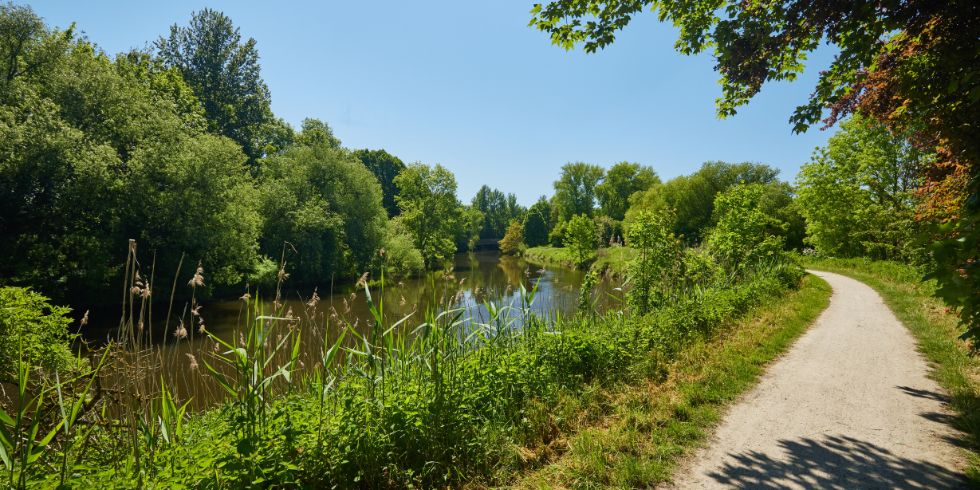 Solig cykelväg längs en flodbank, omgiven av frodig grönska och glittrande vatten på sommaren.