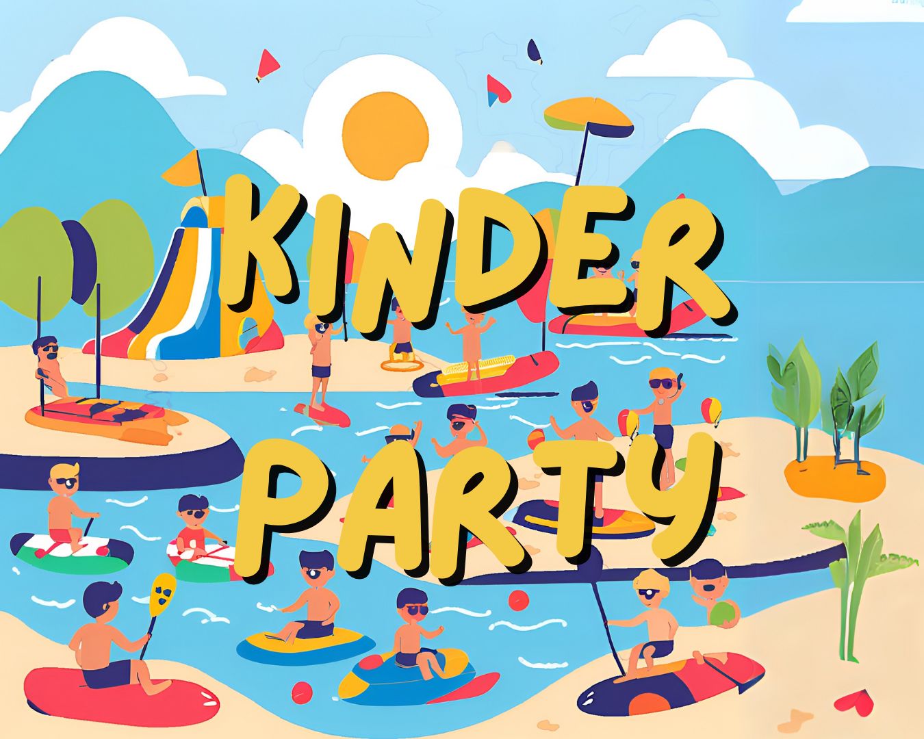 Bunte Zeichnung von Kindern beim Wasserspaß im Strandbad; großer gelber Text: „KINDER PARTY“.