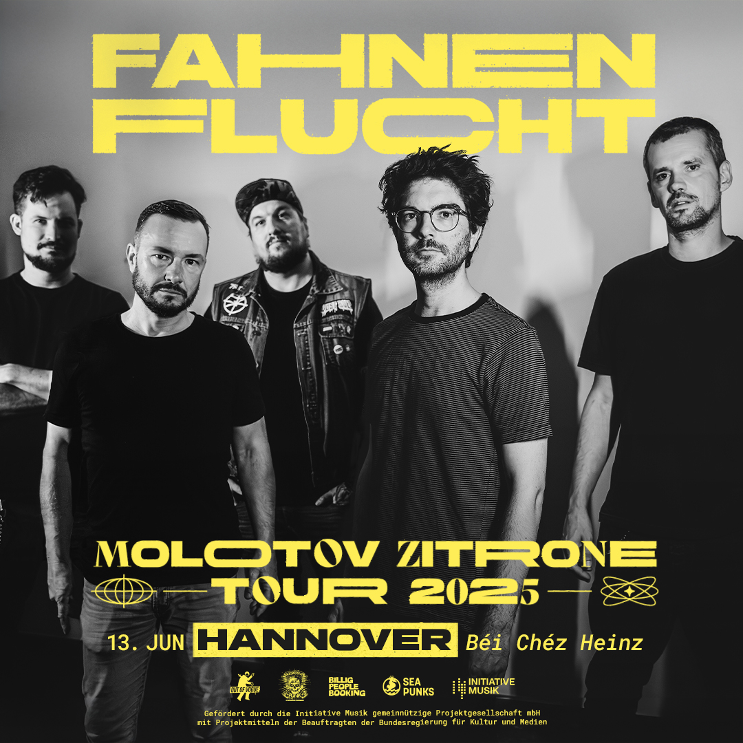 Band Fahnenflucht in Schwarz-Weiß mit Tourdaten; gelber Text: „Molotov Zitrone Tour 2025 – 13. Jun Hannover“.
