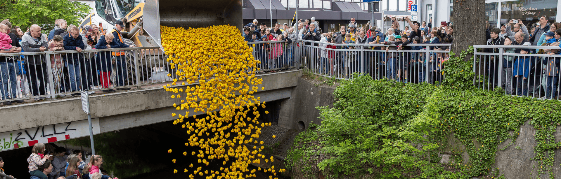 Menschenmenge beobachtet, wie tausende gelbe Gummienten von einem Bagger in einen Fluss gekippt werden.