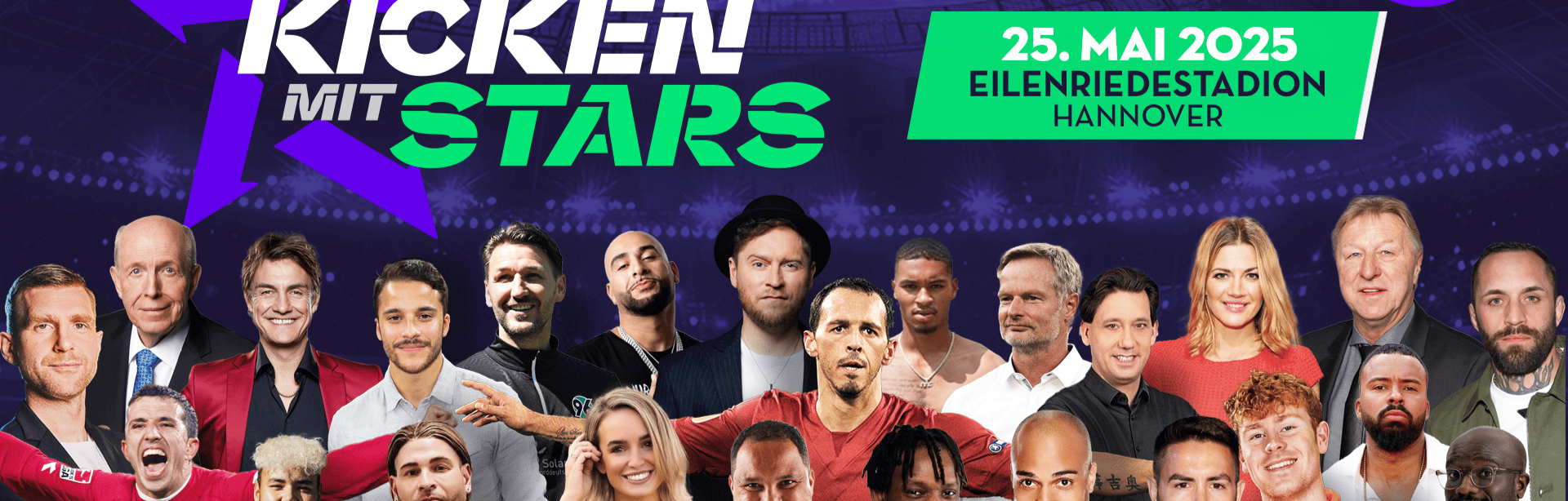 Promobild für das Benefiz-Fußballfest „Kicken mit Stars“ am 25. Mai 2025 im Eilenriedestadion Hannover.