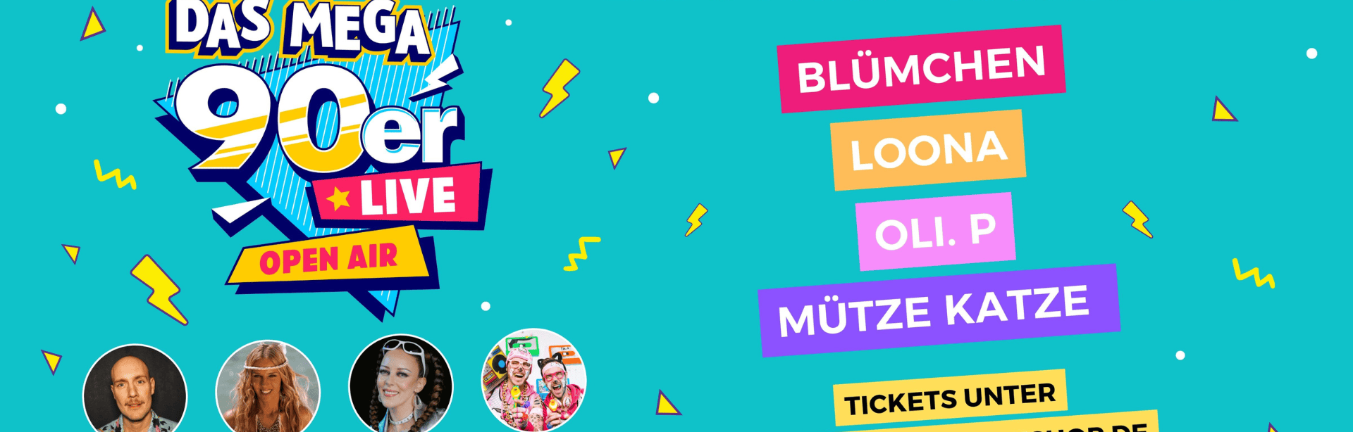 Buntes Plakat für „Das Mega 90er Live Open Air“ am 06.06.2025 im Expo Park Hannover mit Blümchen, Loona, Oli.P und Mütze Katze.