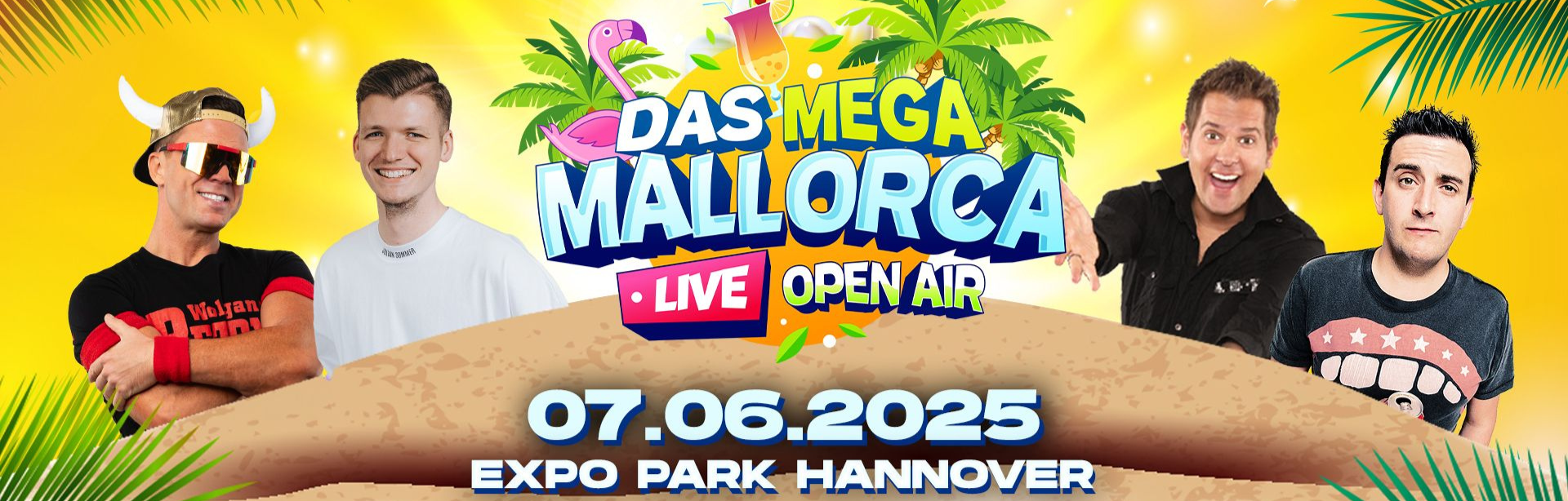 Plakat für „Das Mega Mallorca Live Open Air“ am 07.06.2025 im Expo Park Hannover mit Sommerdesign und Party-Acts.