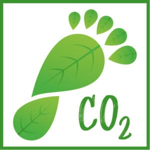 Grüner Fußabdruck aus Blättern mit der Aufschrift „CO₂“, Symbol für Klimafreundlichkeit.