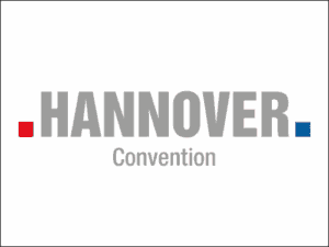 Logo von Hannover Convention mit roten und blauen Quadraten links und rechts.