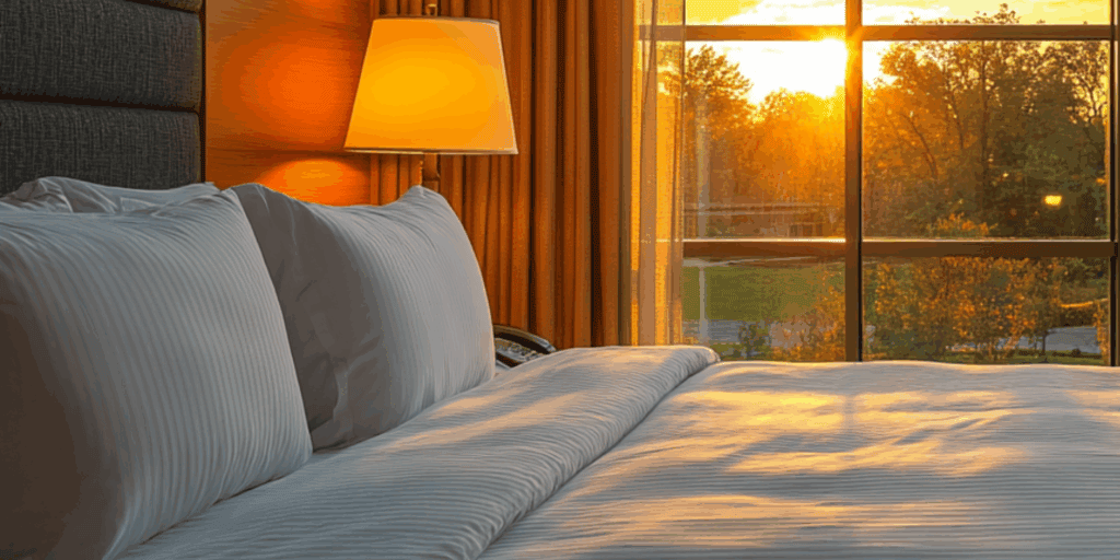 A bed with pillows and a window with a view