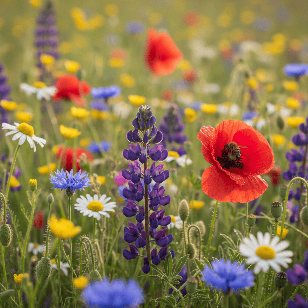 Blumenwiese mit Fokus auf die Blüten