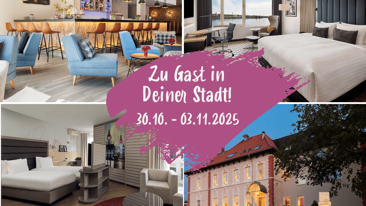 Hannover-Living modernes Hotel mit stilvoller Inneneinrichtung, Bar und Blick auf die Stadt Hannover.