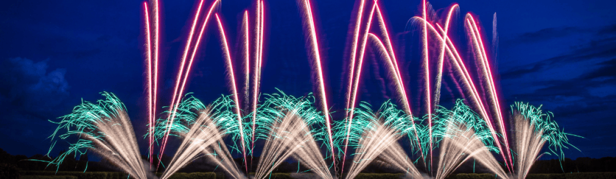 Konkurs fajerwerków 2025 Erlebnispaket: Farbenprächtiges Feuerwerk über barocker Gartenanlage bei Nacht, beobachtet von einer großen Menschenmenge.